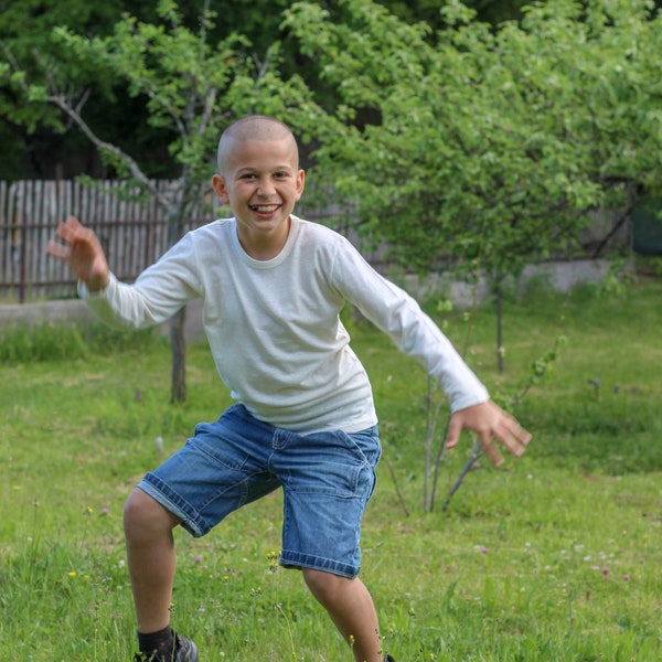 Boy's Long Sleeve Hemp T Shirt, Natural Cotton Longshirt for Boys, White Sustainable Zero Waste Kids Clothes