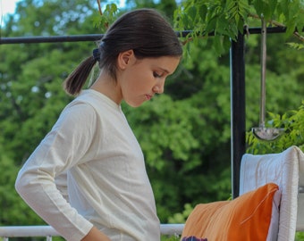 T-shirt en coton biologique à manches longues à manches longues pour filles, chemise longue en chanvre naturel pour filles, vêtements pour enfants blancs durables zéro déchet