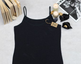 Woman Hemp Tank Top, Organic Cotton Spaghetti Strap Top, Black Hemp Casual Lounge Top, Sustainable Fashion