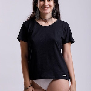 Woman Basic Hemp T Shirt, Black Organic Cotton Natural Top for Her, Zero Waste Lounge Short Sleeve Top