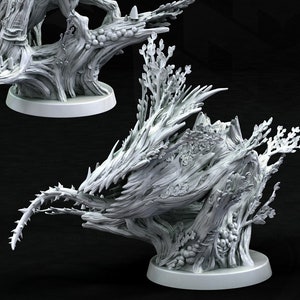 May include: Four different poses of a 3D printed miniature of a creature made of wood and branches. The creature has a reptilian head and a body made of twisted branches. The miniature is painted in a light gray color. The text "POSE ONE" and "POSE TWO" are visible in the image.