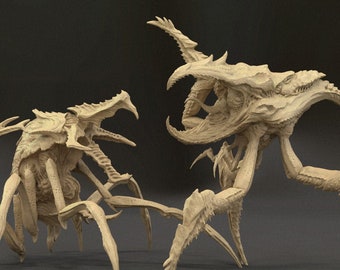 May include: Four detailed, beige, plastic models of a multi-legged creature with a large head and sharp claws. The models are posed in different positions and are labeled "Crazed Artho" with a number and pose.