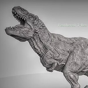 May include: A detailed, gray-scale 3D model of a feathered Tyrannosaurus Rex dinosaur. The model is posed in a walking stance with its mouth open and its tail raised. The model is a realistic representation of a feathered T-Rex in a juvenile or full-grown size.