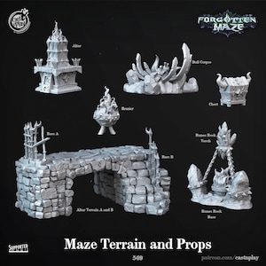Forgotten Maze Terrain for D&D Miniatures 28mm 32mm - Dungeons and Dragons, Pathfinder, Tabletop RPG Altar, Brazier, Chest Cast N Play