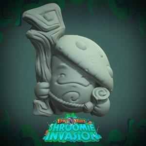 Puede incluir: Una figurita impresa en 3D de color gris de un personaje con forma de hongo que sostiene un palo. El personaje tiene un gran sombrero de hongo y un cuerpo pequeño y redondo. El personaje lleva un cinturón de cuerda y tiene un pequeño objeto redondo en su costado. El personaje es del juego "Shroomie Invasion" de Epics N' Stuff.