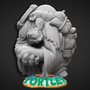 May include: A gray 3D printed miniature of a turtle wearing armor and carrying a backpack. The turtle has a detailed shell and a friendly expression. The miniature is part of a set of miniatures called "TORTLES" by Epics N' Stuff.