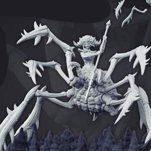 May include: A gray 3D printed miniature of a spider creature with a human-like torso and eight legs. The creature is holding a spear in its right hand. The miniature is standing on a rocky base. The text "260. Opeth" is visible in the top right corner of the image. The text "The Lost Cave Collection" is visible in the bottom right corner of the image.