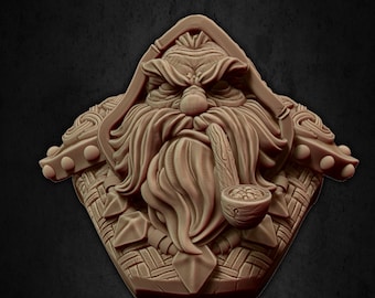 May include: A detailed bust sculpture of a bearded dwarf with a pipe, wearing a hooded cloak and intricate armour. The bust is mounted on a stone base.