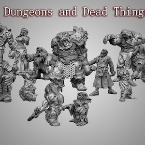 May include: A collection of 10 miniature figurines depicting undead creatures, including a zombie, a ghoul, and a skeleton. The figurines are made of a gray material and are posed in various action poses. The title "Dungeons and Dead Things" is displayed at the top of the image.