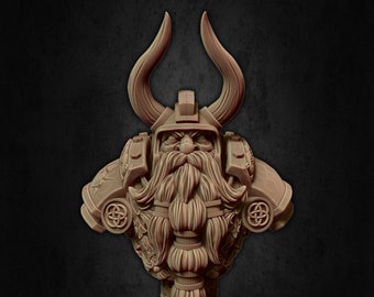 May include: A detailed bust of a dwarf warrior with a long beard and horns, wearing armour and a helmet. The bust is made of a light brown material and is mounted on a stone base.