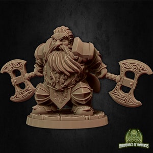 May include: A miniature figurine of a dwarf warrior wearing ornate armor and holding two axes. The dwarf has a long beard and a fierce expression.