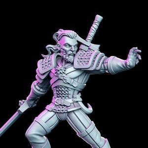 May include: A grey painted miniature figurine of a fantasy character wielding a sword. The character is wearing armour and has a beard. The figurine is standing on a circular base.