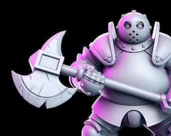 May include: A gray, 3D printed miniature of a knight wearing a helmet with a hockey mask design and holding a large axe. The knight is standing on a circular base.