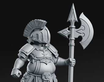May include: A gray plastic miniature figurine of a warrior wearing armor and a helmet, holding a spear with a blade on the end. The warrior is standing on a round base.
