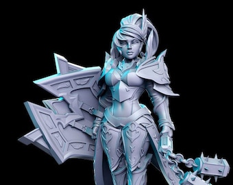 May include: A gray 3D printed miniature of a female warrior figure wearing armor and holding a shield and a spiked chain weapon. The figure is standing on a circular base.