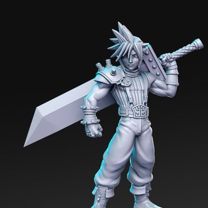 May include: A gray plastic figurine of a character holding a sword. The character has spiky hair and is wearing a detailed outfit. The figurine is standing on a round base.