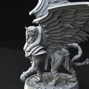 May include: A gray 3D printed miniature of a Sphinx with wings, standing on a circular base. The miniature is part of the Echoes of Life collection and is labeled "Sphinx 539".