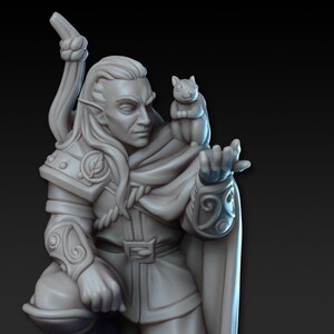May include: A gray 3D printed miniature of an elf archer kneeling with a quiver of arrows and a small animal on their shoulder. The miniature is on a black base.