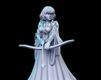 May include: A white 3D printed miniature figurine of a woman with short hair, wearing a long dress and holding a bow and arrow. The figurine is standing on a round base.