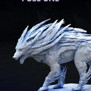 May include: Two 3D printed miniature wolf figures in a light blue color, posed in different positions. The wolf figures have a spiky, textured fur and are standing on a circular base.