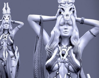 May include: A detailed, gray, resin sculpture of a woman wearing a snake-like garment and holding a skull above her head. The sculpture is 32 and 75 mm in scale.