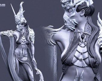 May include: A gray, detailed, 3D printed figurine of a woman with a snake-like tail, wearing a crown and holding a sword. The figurine is 32 and 75 mm in scale.