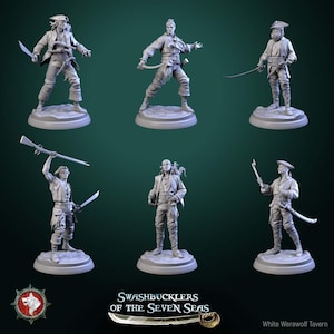 May include: A collection of six gray pirate figurines in various action poses, each standing on a circular base. The figures are holding swords, a rifle, and a torch. The text "SWASHBUCKLERS OF THE SEVEN SEAS" is displayed below the figurines.