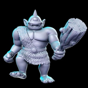 May include: A gray, one-eyed, cyclops-like creature with a pointed horn on its head, wearing a fur loincloth and holding a large wooden club. The creature has a toothy grin and is posed in a standing position.