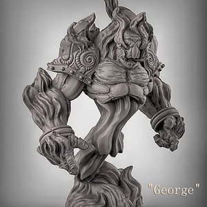 May include: A gray, sculpted bust of a humanoid figure with a textured, rocky surface. The figure has a muscular build and is wearing armor with intricate details. The bust is titled "George".