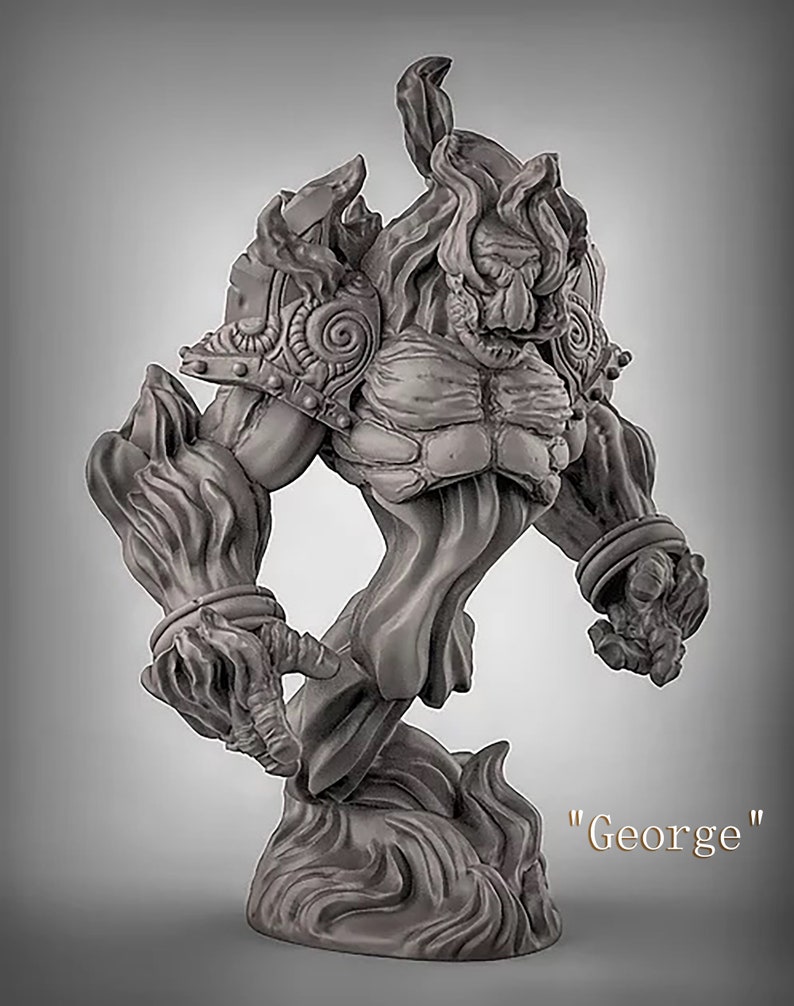 May include: A gray, sculpted bust of a humanoid figure with a textured, rocky surface. The figure has a muscular build and is wearing armor with intricate details. The bust is titled "George".