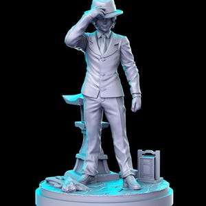 May include: A white figurine of a person wearing a suit and a hat. The figurine is standing on a platform with a rope and a small wooden stool.