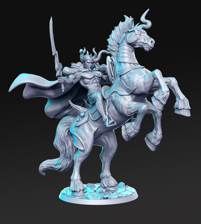 May include: A gray, detailed miniature figurine of a warrior riding a horse. The warrior is holding a sword and shield, and the horse is rearing up on its hind legs.