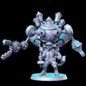 May include: A gray, detailed miniature of a goblin riding a mechanical contraption with multiple arms and a large, round head. The goblin is holding a hammer in one hand and a wrench in the other. The mechanical contraption has a variety of gears, pipes, and other mechanical details.
