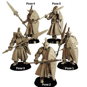 May include: Five miniature figurines of warriors in different poses, each holding a spear and shield. The figures are made of a light brown material and are standing on black bases. The figures are labeled "Pose 1" through "Pose 5".
