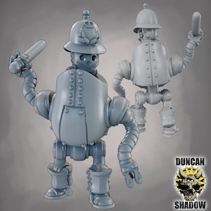 May include: Two gray robot figurines, one holding a baton, the other with an arm raised. Both figures wear helmets and have riveted armor-like bodies. The Duncan Shadow logo is in the lower right corner.