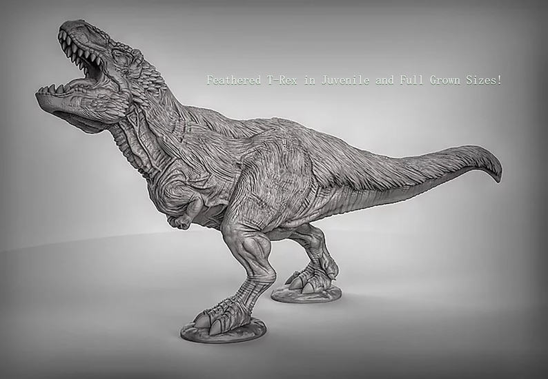 May include: A detailed, gray-scale 3D model of a feathered Tyrannosaurus Rex dinosaur. The model is posed in a walking stance with its mouth open and its tail raised. The model is a realistic representation of a feathered T-Rex in a juvenile or full-grown size.