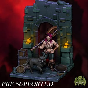Puede incluir: Una escena de fantasía en miniatura con una guerrera de pelo rosa con un hacha, un lobo y un arco de piedra. La escena incluye un barril, cajas y un escudo. El texto "PRE-SUPPORTED" está en la parte inferior.
