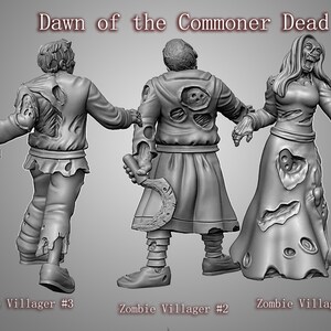 May include: Three grayscale 3D printed figurines of zombies, depicting a man, a woman, and another man. The figures are posed in a walking motion, with their arms outstretched. The figures are detailed with torn clothing and exposed flesh, giving them a realistic zombie appearance. The title "Dawn of the Commoner Dead" is displayed at the top of the image.