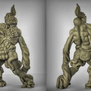 May include: A green, fleshy, humanoid figure with a long, thin tail and multiple appendages. The figure has a grotesque, fleshy appearance with visible organs and a textured surface.