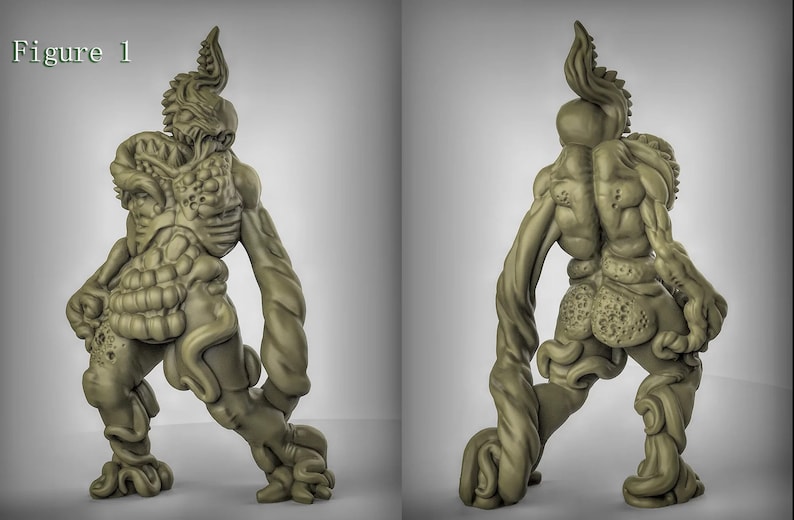 May include: A green, fleshy, humanoid figure with a long, thin tail and multiple appendages. The figure has a grotesque, fleshy appearance with visible organs and a textured surface.