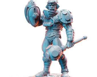 May include: A gray plastic miniature figurine of a warrior wearing armor and holding a shield and a hammer. The warrior has a beard and a serious expression.