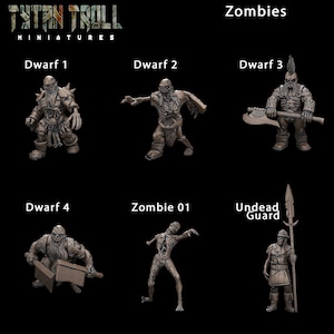 Miniaturas de zumbis anões e humanos 28 mm 32 mm Resina D&D Dungeons and Dragons Pathfinder Fantasy DnD Mesa para exibição RPG TytanTroll Miniaturas