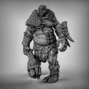 May include: A gray, detailed miniature figurine of a large, muscular, humanoid creature with a club in its hand. The creature has a large belly, a thick, fur-covered neck, and a fierce expression.