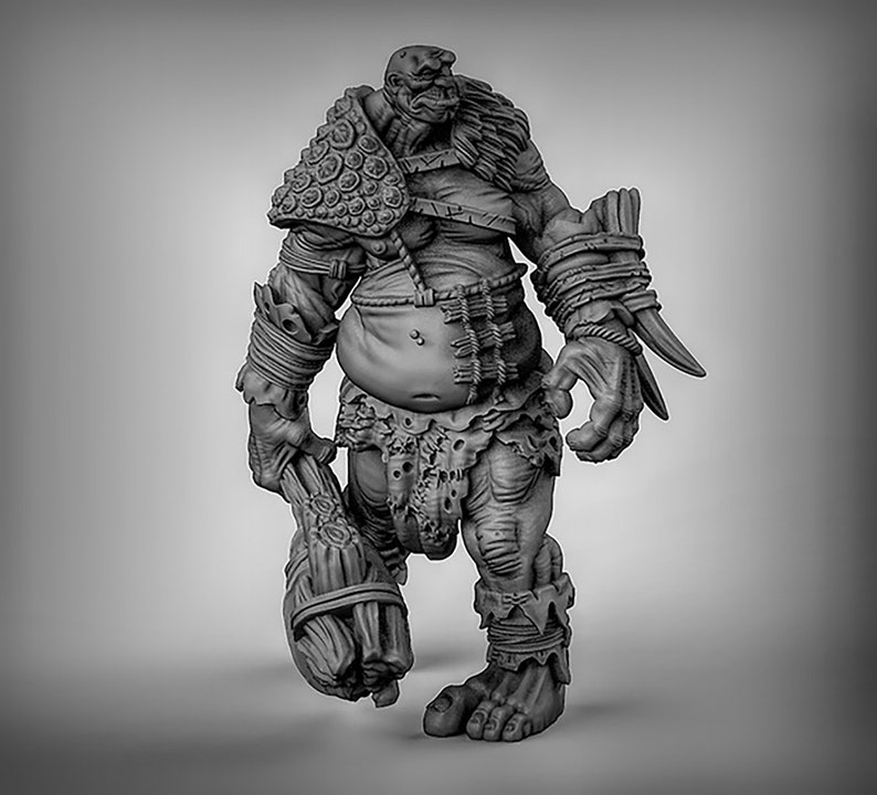 May include: A gray, detailed miniature figurine of a large, muscular, humanoid creature with a club in its hand. The creature has a large belly, a thick, fur-covered neck, and a fierce expression.