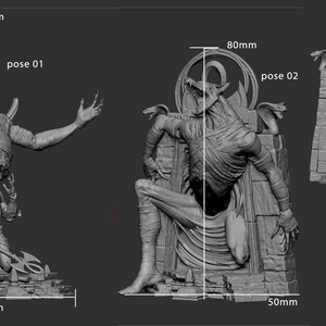 May include: A 3D printed model of a creature with a skeletal appearance, wearing bandages, and holding a staff. The creature is posed in two different ways, one kneeling and one standing. The model is 8.6 inches tall and 5 inches wide. The model is also shown with a 3D printed portal opening, which is 8 cm tall and 5 cm wide.