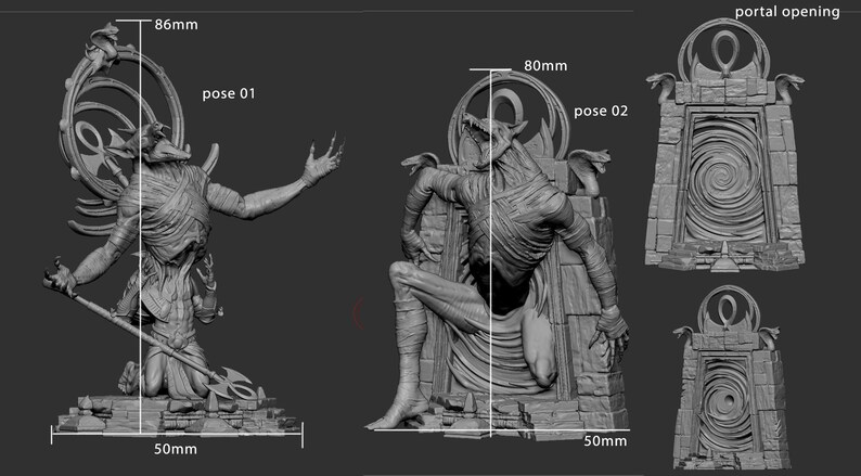 May include: A 3D printed model of a creature with a skeletal appearance, wearing bandages, and holding a staff. The creature is posed in two different ways, one kneeling and one standing. The model is 8.6 inches tall and 5 inches wide. The model is also shown with a 3D printed portal opening, which is 8 cm tall and 5 cm wide.