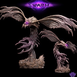 May include: A detailed sculpture of a creature with large, textured wings and a long, segmented body. The creature has a menacing appearance with sharp claws and a detailed head. The word "SWARM" is displayed in a purple, glowing font above the creature.