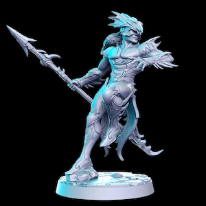 May include: A gray 3D printed miniature of a warrior figure with a spear, wearing detailed armor and a helmet with a fin-like crest.