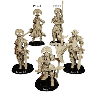 May include: Five miniature figurines of elves in armor, each in a different pose. The elves are holding swords and shields, and some are wearing helmets with plumes. The figurines are painted in a light brown color and are standing on black bases. The figurines are labeled with the poses: Pose 1, Pose 2-1, Pose 2-2, Pose 3, and Pose 4.