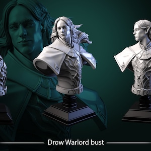 Puede incluir: Un busto blanco impreso en 3D de un guerrero drow con el pelo largo y suelto, que lleva armadura y una capa. El busto está sobre una base negra y el texto "Drow Warlord bust" está debajo de la base. La imagen es de la serie "Songs of Twilight".